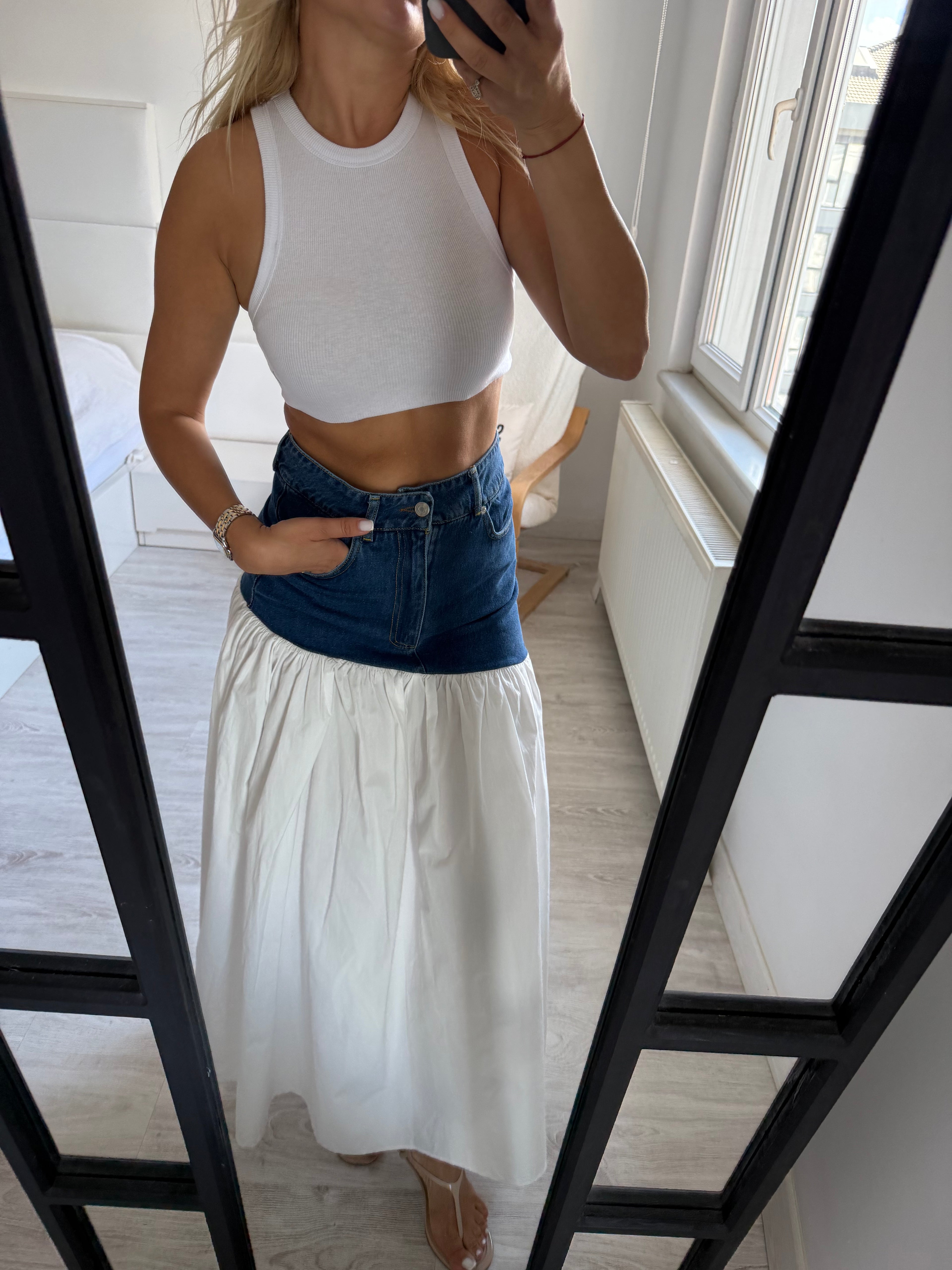 Denim detaylı etek