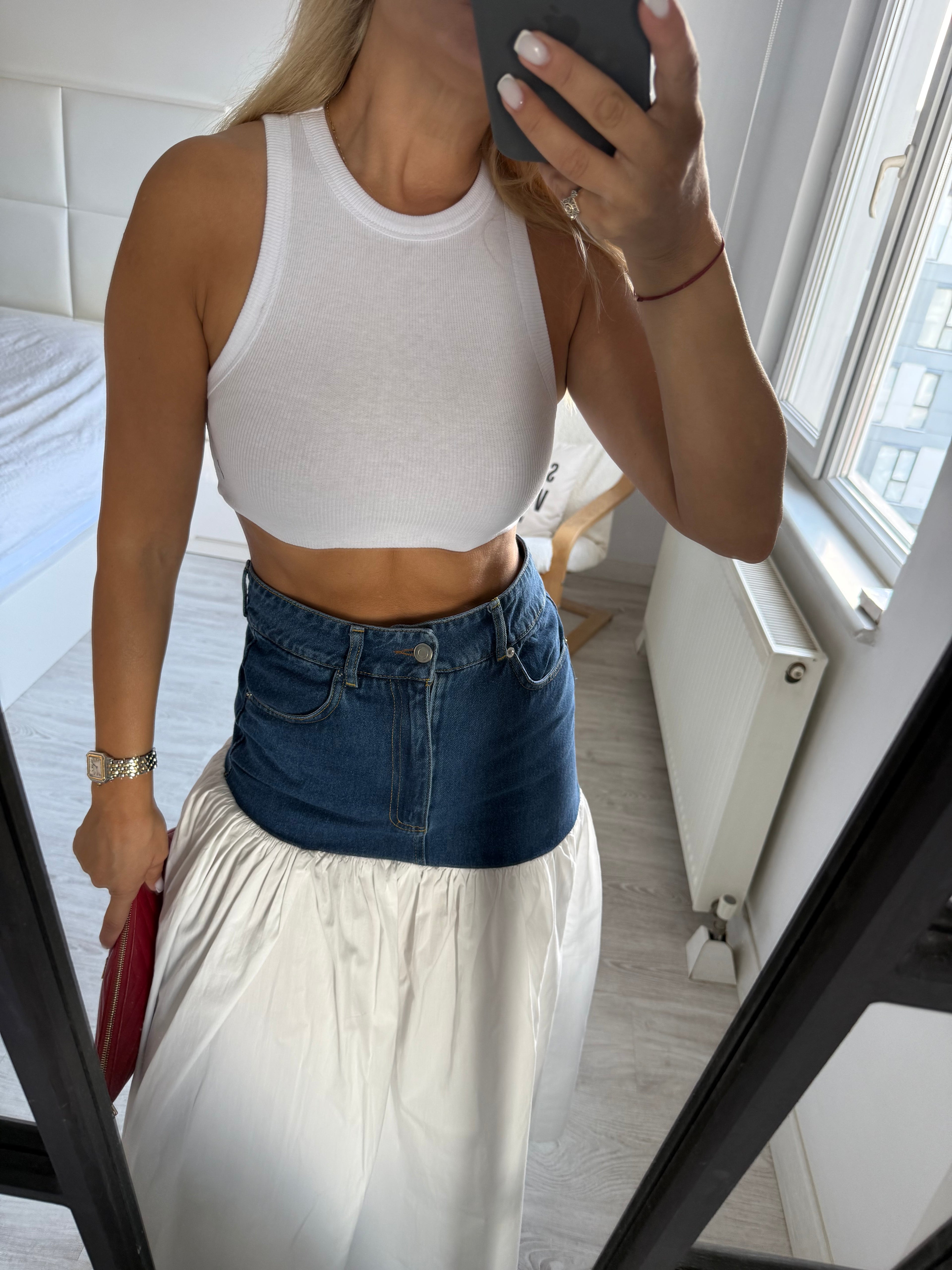 Denim detaylı etek